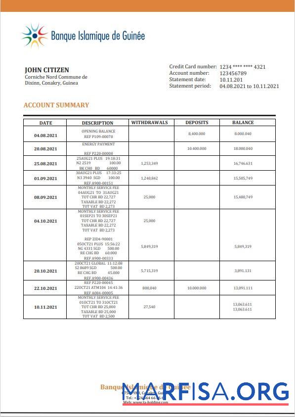 Printable Guinea Banque Islamique de Guinée proof of address bank statement word template